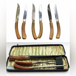 Vintage 1950s Stainless Steel Carving Set and six steak knives with Stag Handles